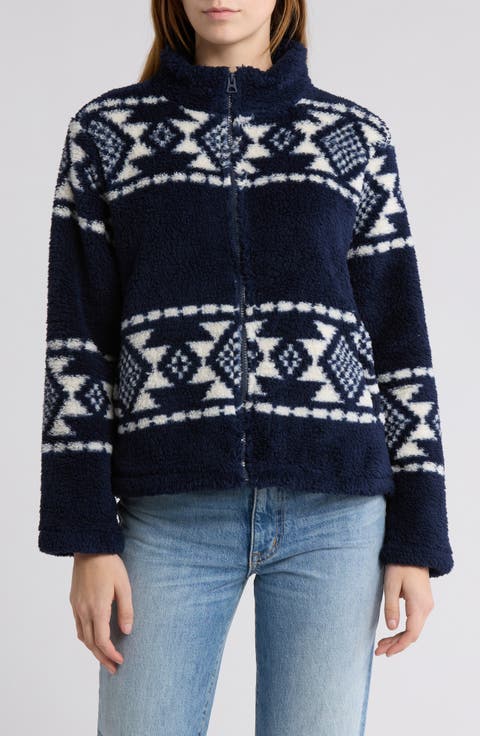 Geo Print Faux Fur Zip Jacket
