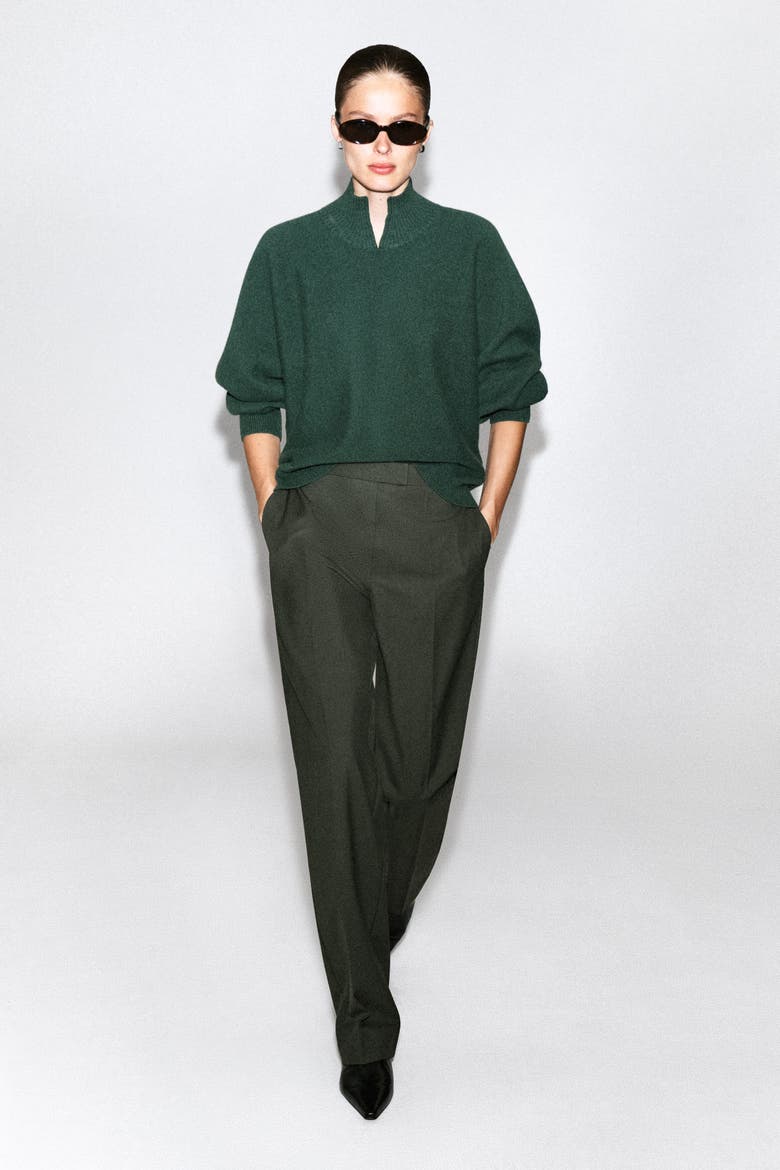 V-Detail Boiled-Wool Mock-Neck Sweater, Alternate, color, FOREST GREEN