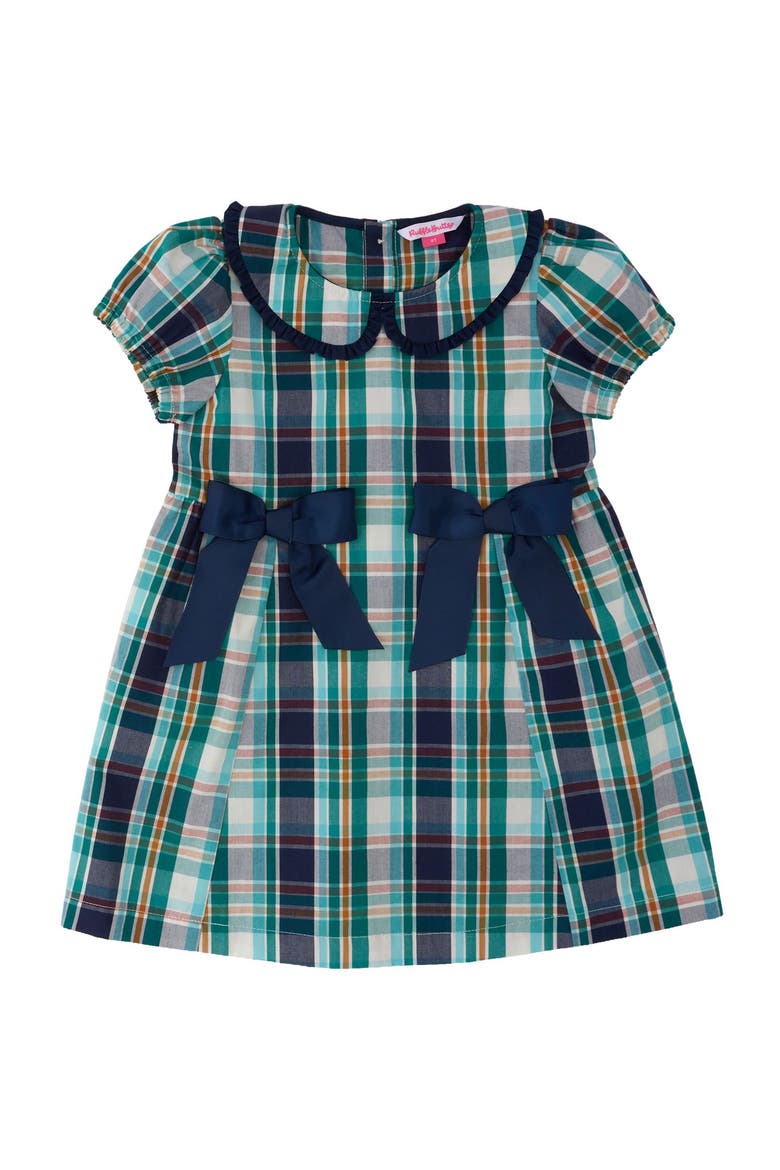 Woven Peter Pan Ruffle Bow Short Sleeve Dress, Main, color, Forrest Plaid