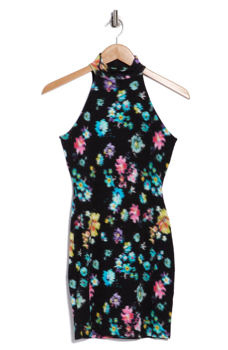 Desigual Floral Halter Neck Ribbed Minidress, Alternate, color, Black