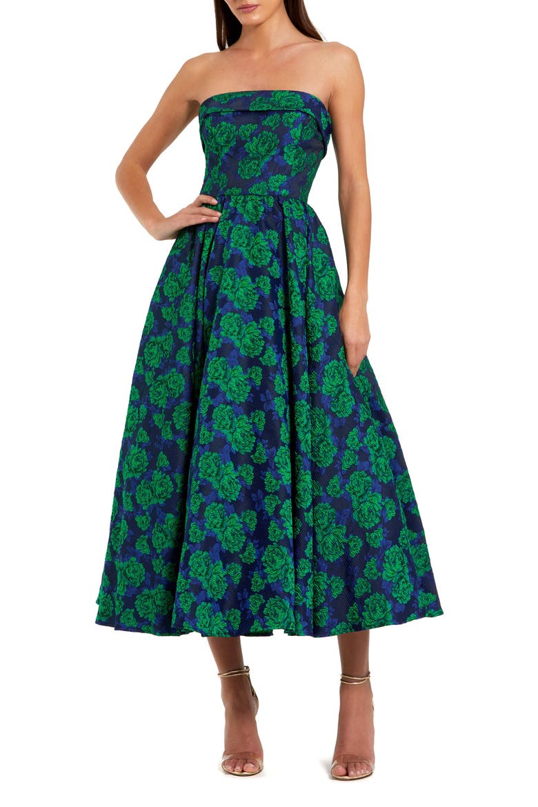 Brocade Strapless A Line Midi Dress, Main, color, Emerald Multi