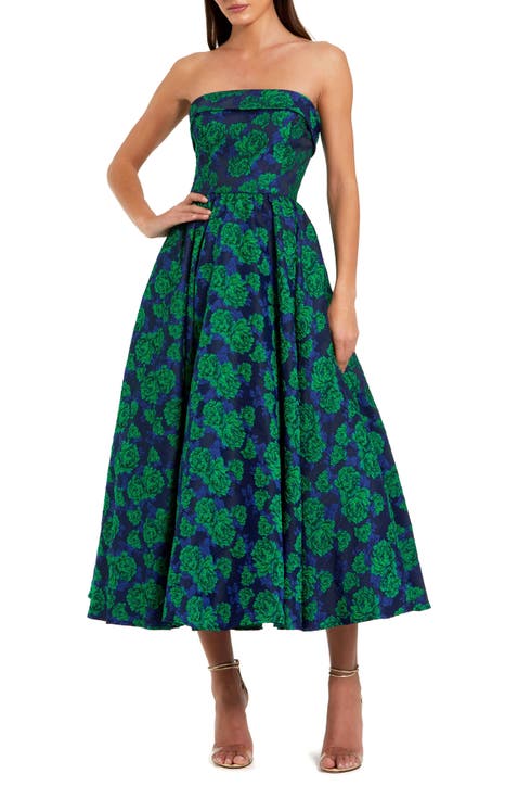 Brocade Strapless A Line Midi Dress