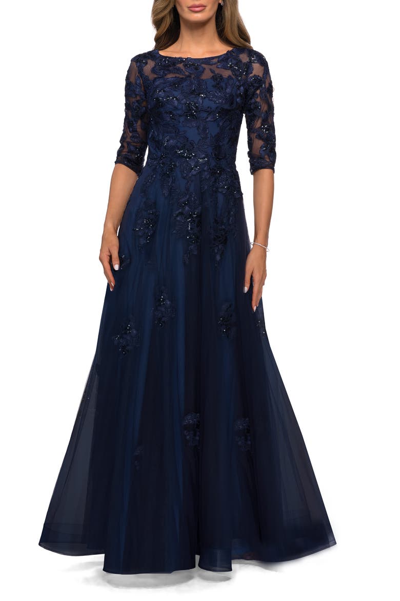 Three Quarter Sleeve A-line Gown with Floral Embellishments, Main, color, Navy