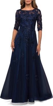 La Femme Three Quarter Sleeve A-line Gown with Floral Embellishments
