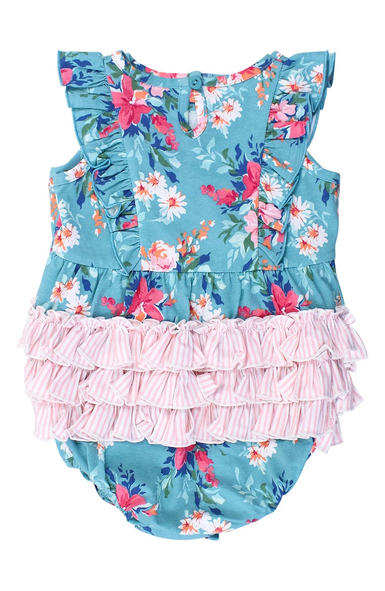 RuffleButts Fancy Me Floral Ruffle Waterfall Bubble Romper, Alternate, color, Blue