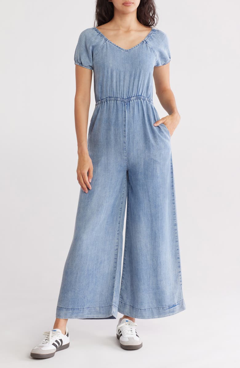 Tractr Kids' Tencel<sup>®</sup> Lyocell Chambray Wide Leg Jumpsuit, Main, color, 