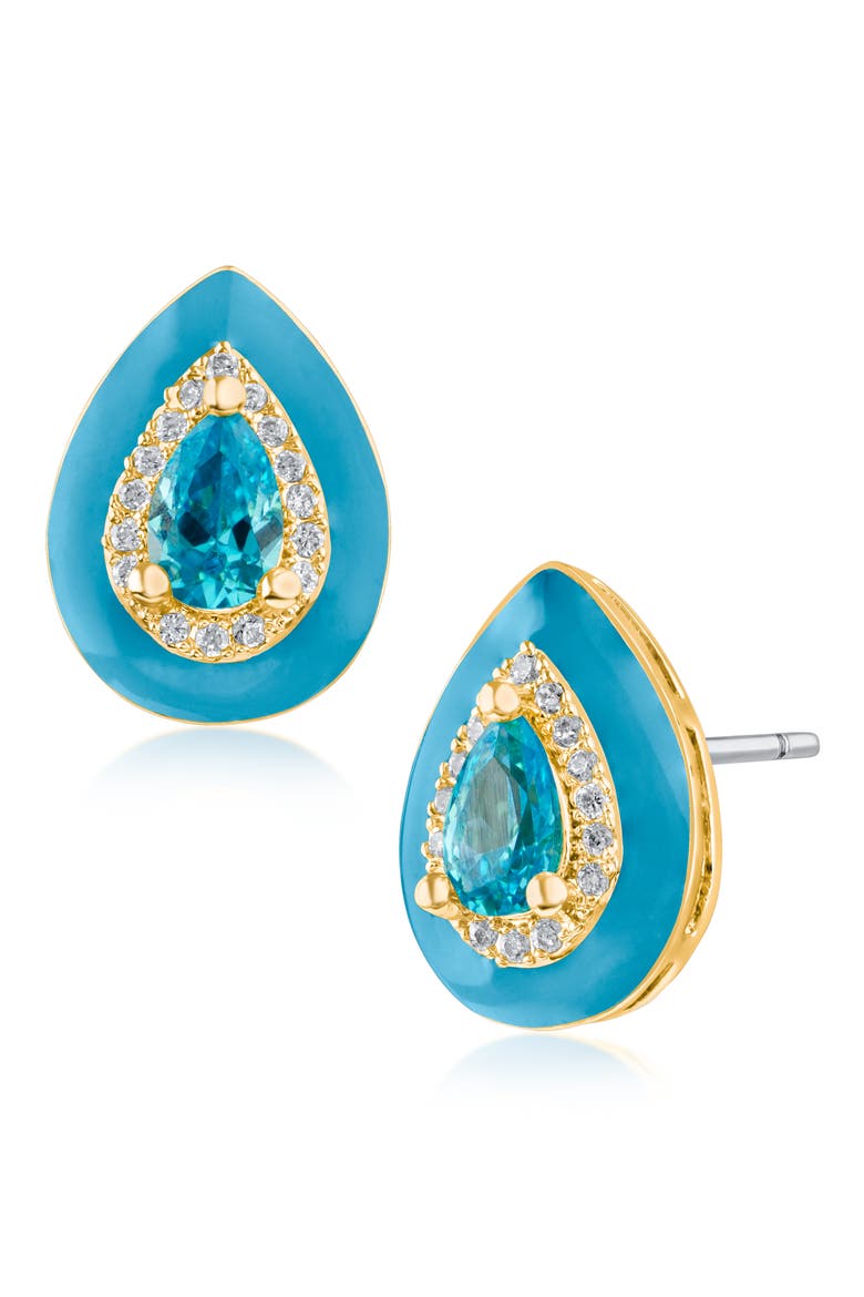 Enamel Border Cubic Zirconia Halo Stud Earrings, Main, color, BLUE/ CLEAR GOLD