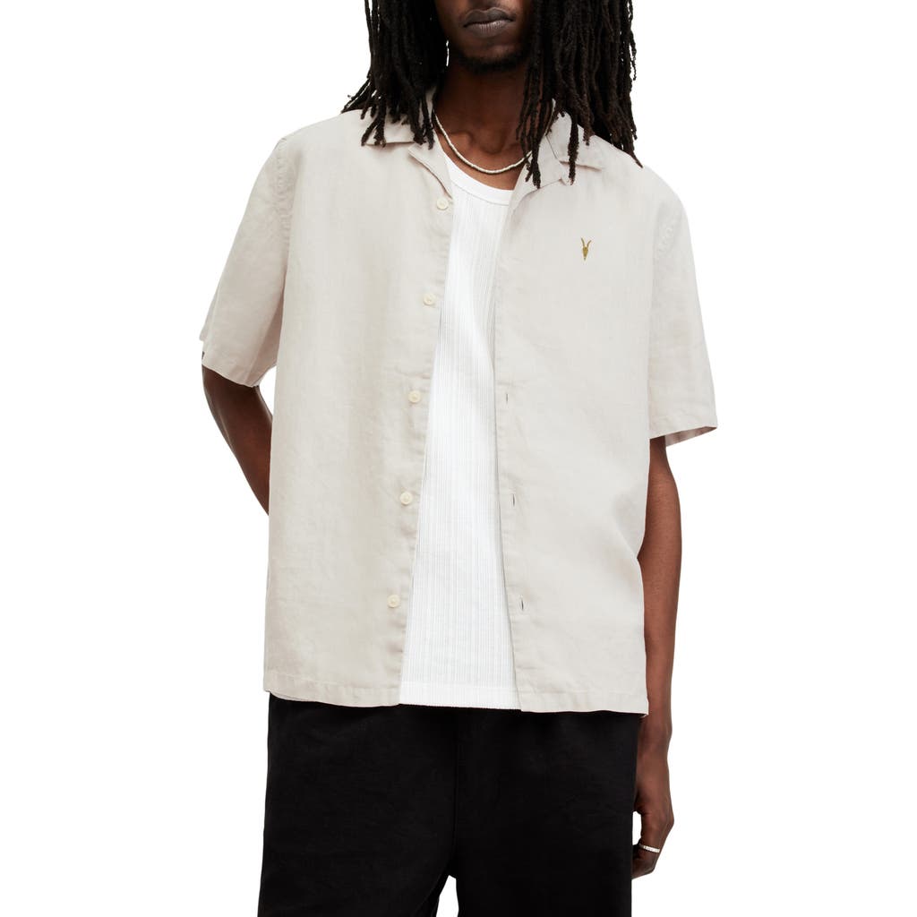 Allsaints Audley Short Sleeved Relaxed Fit Button Down Shirt In Taupe