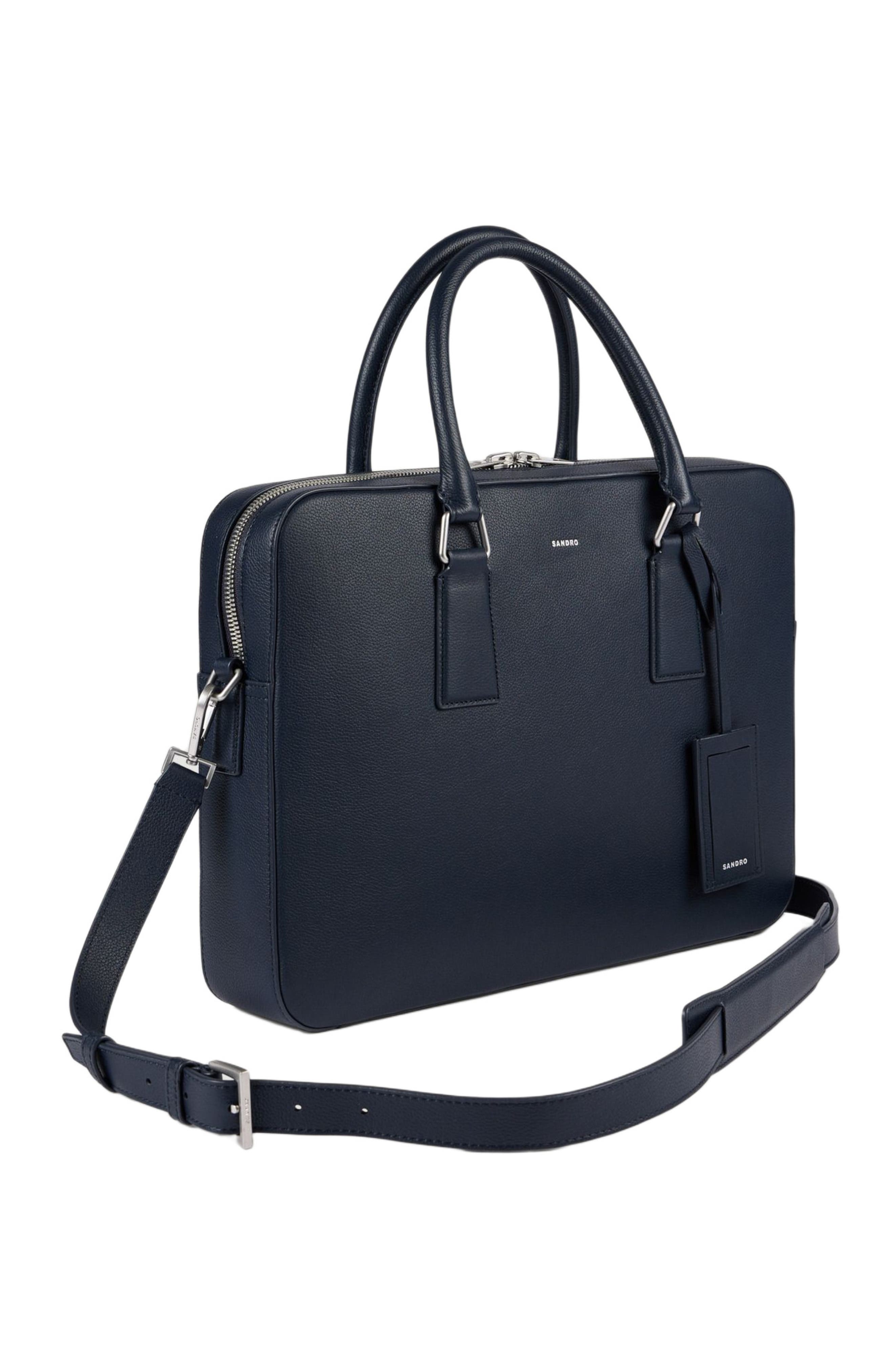 SANDRO Large grained leather briefcase, Alternate, color, Navy Blue