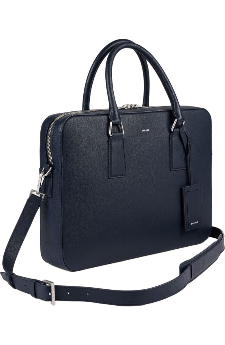 SANDRO Large grained leather briefcase, Alternate, color, Navy Blue