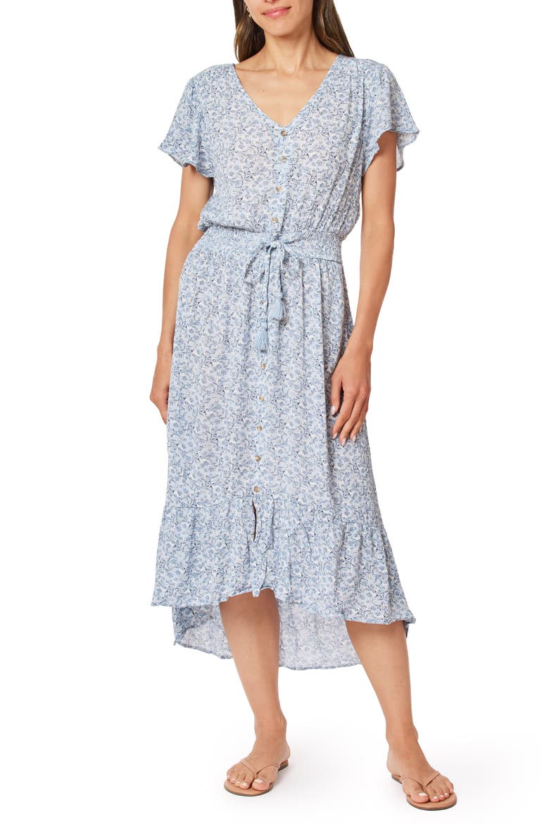 Ariel Drawstring Waist Midi Dress, Main, color, BLUE FLORAL