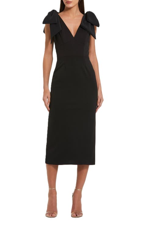 Bow Strap Crepe Fitted Midi Dress