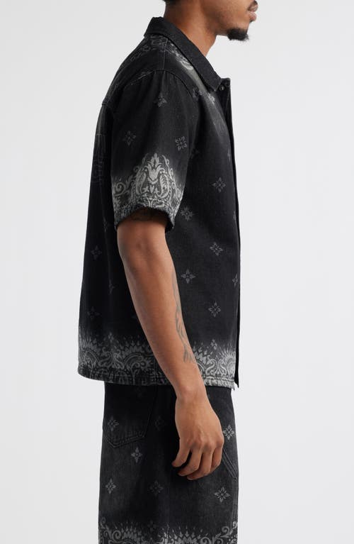 Shop Criminal Damage Laser Print Denim Short Sleeve Snap-up Shirt