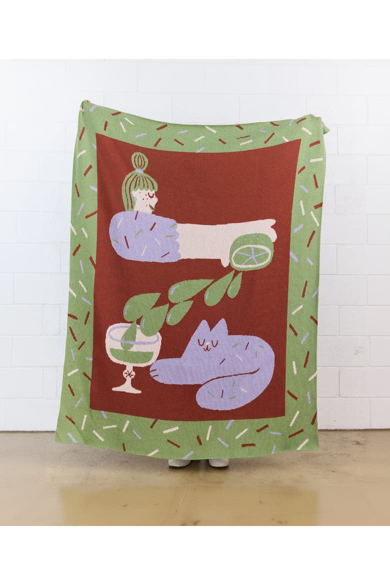 Cocktail Cat Knit Throw Blanket, Alternate, color, Lime
