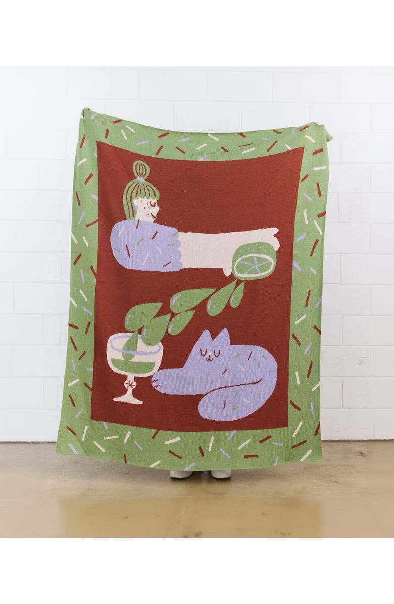 Biquette Cocktail Cat Knit Throw Blanket, Alternate, color, Lime