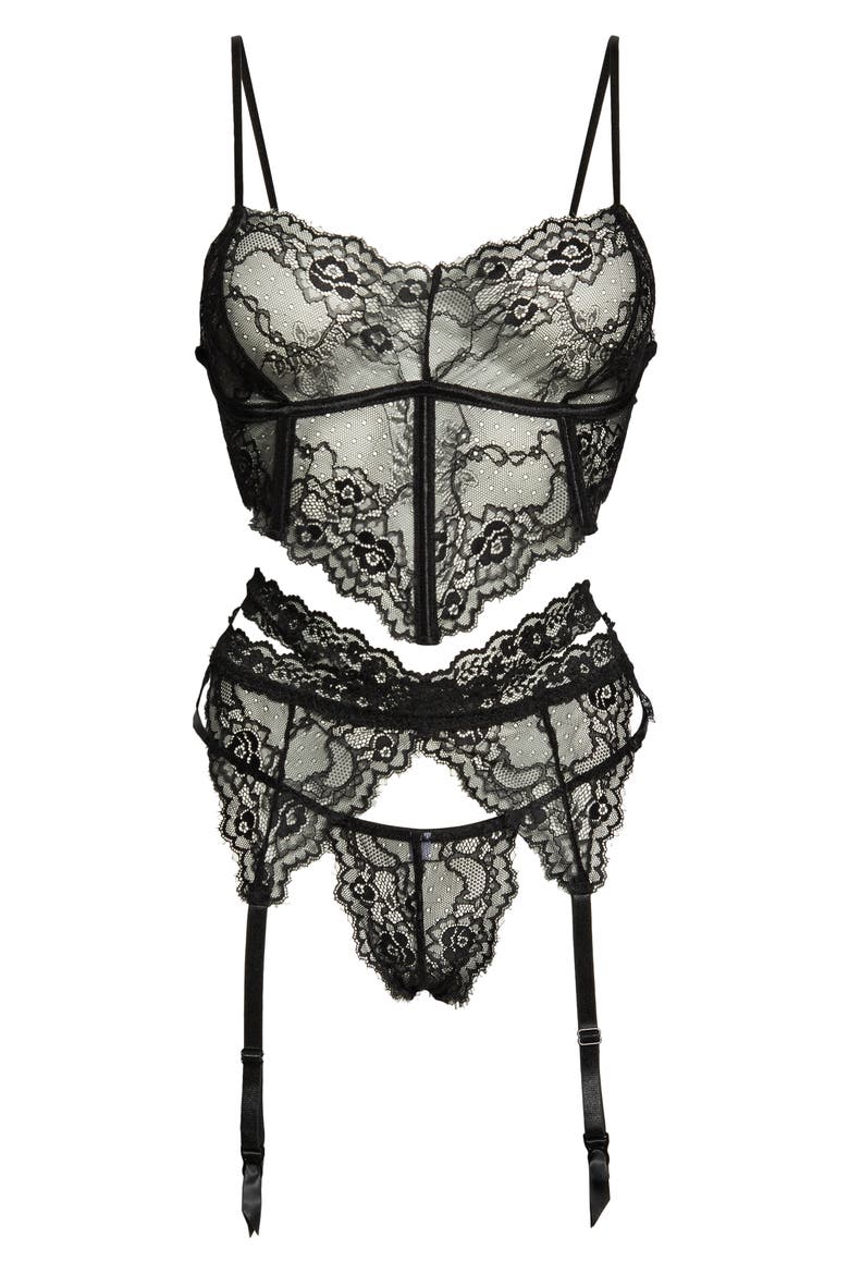 Lace Bra, Garter Belt & G-String Thong, Alternate, color, BLACK