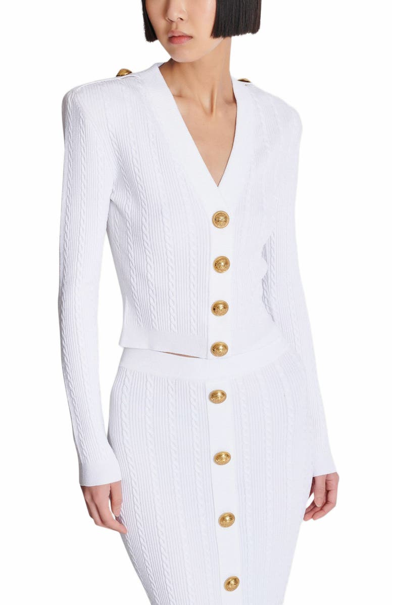 Balmain Long-Sleeved Cable-Knit Cardigan, Alternate, color, White