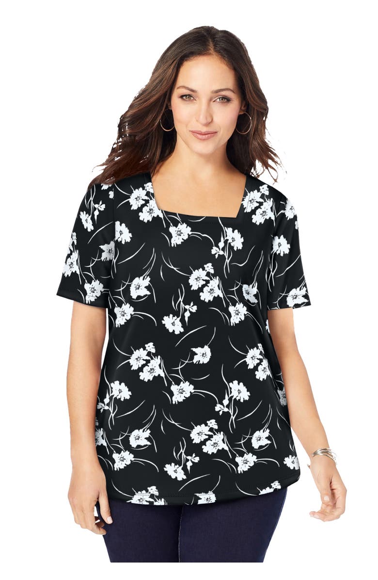 Jessica London Stretch Cotton Square Neck Tee, Main, color, Black Tossed Floral