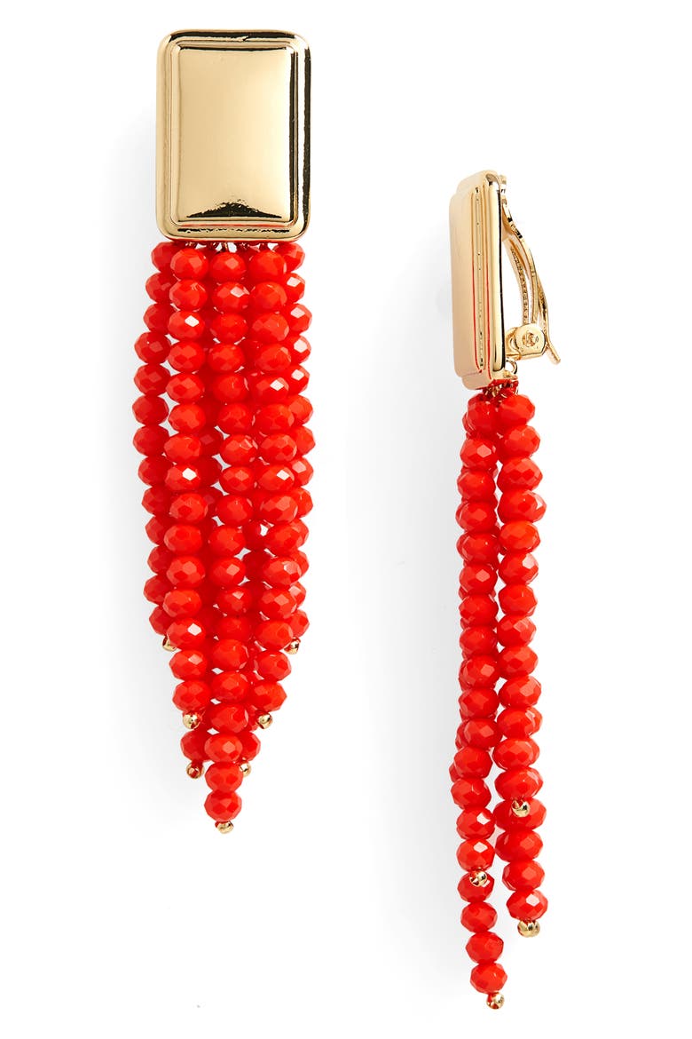Beaded Fringe Clip Earrings, Main, color, CHERRY RED- GOLD