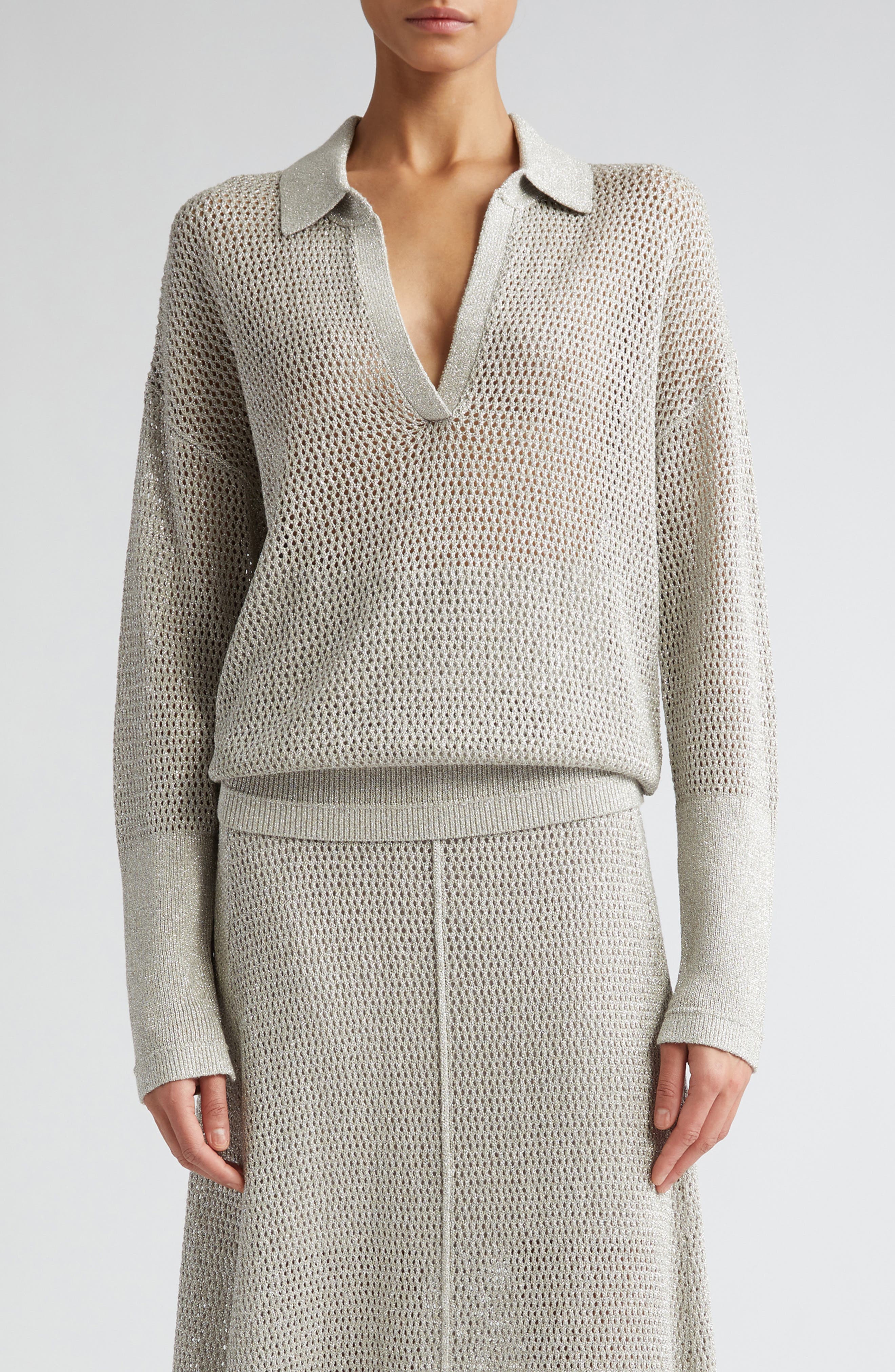 Portrait Collar Shimmer Blouse with Tie Waist and Illusion Sleeves main image 1