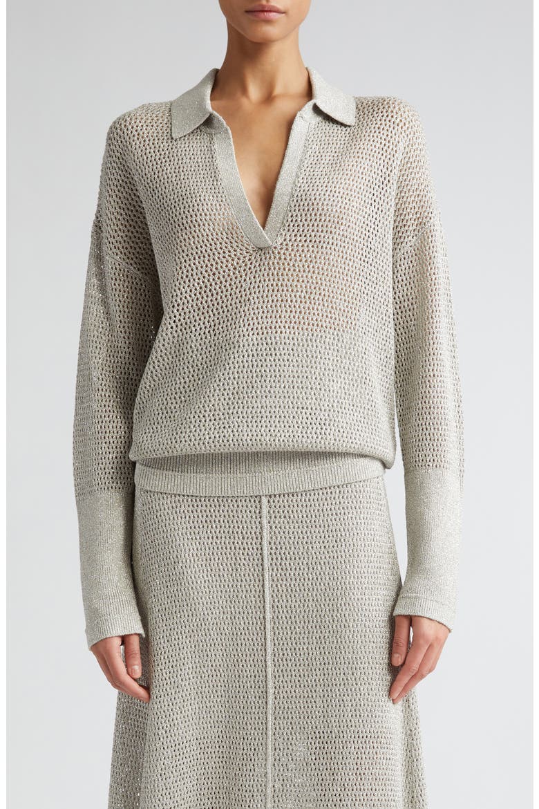 Johnny Collar Shimmer Mesh Polo Sweater, Main, color, SILVER