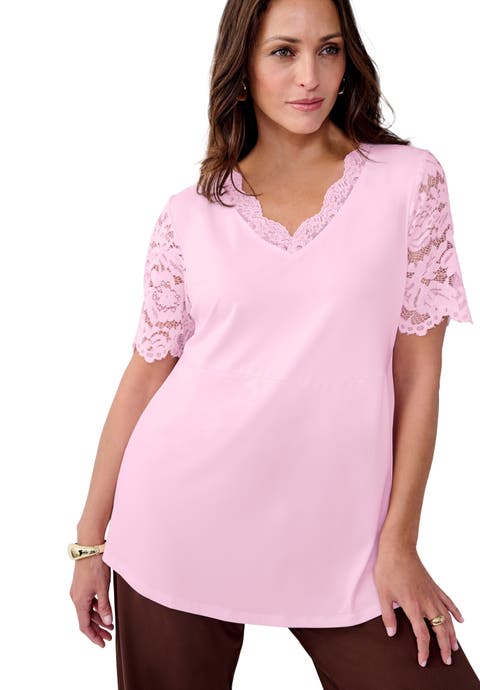 Lace Trim V-neck Top (Plus)