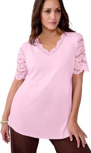Jessica London Lace Trim V-Neck Top