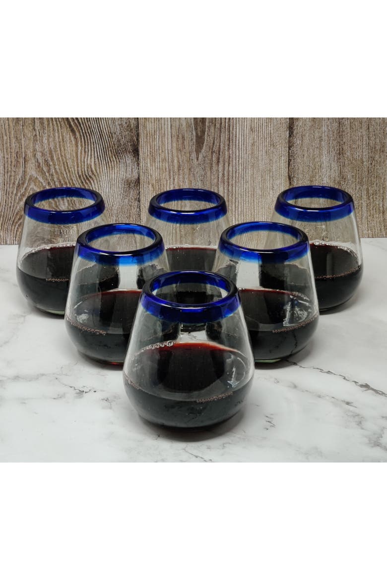 Hand Blown Stemless Wine Glasses - Set of 6, Alternate, color, Cobalt Rim