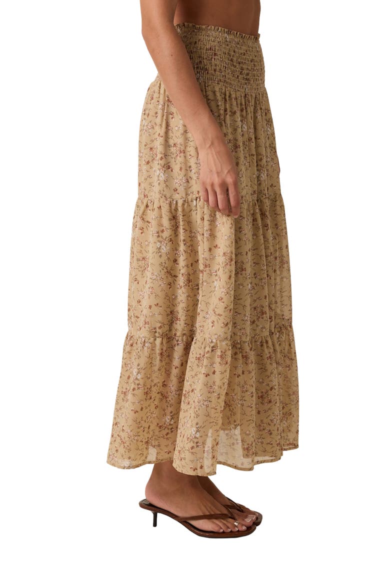 Floral Smocked Waist Tiered Midi Skirt, Alternate, color, TAUPE COMBO