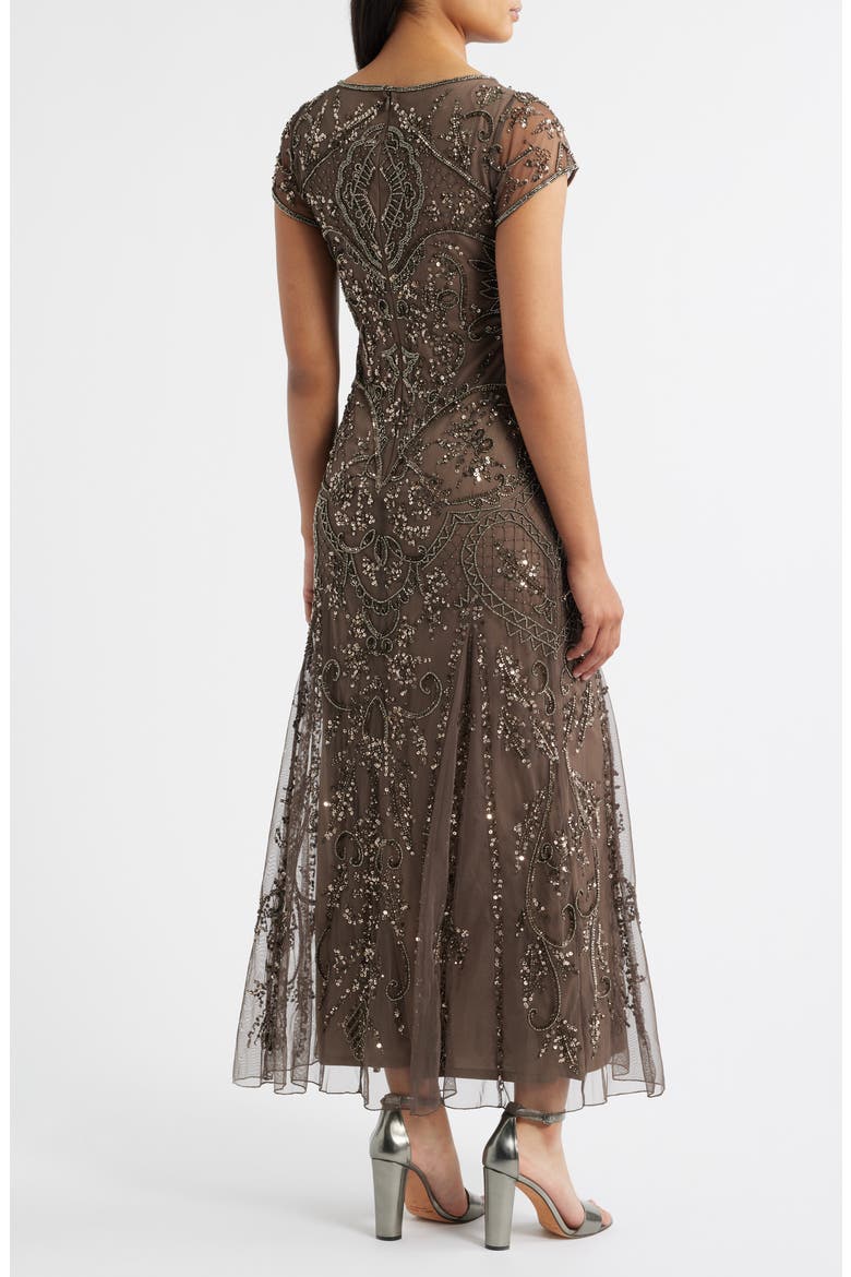 Beaded Mesh Midi Cocktail Dress, Alternate, color, DARK MOCHA 278