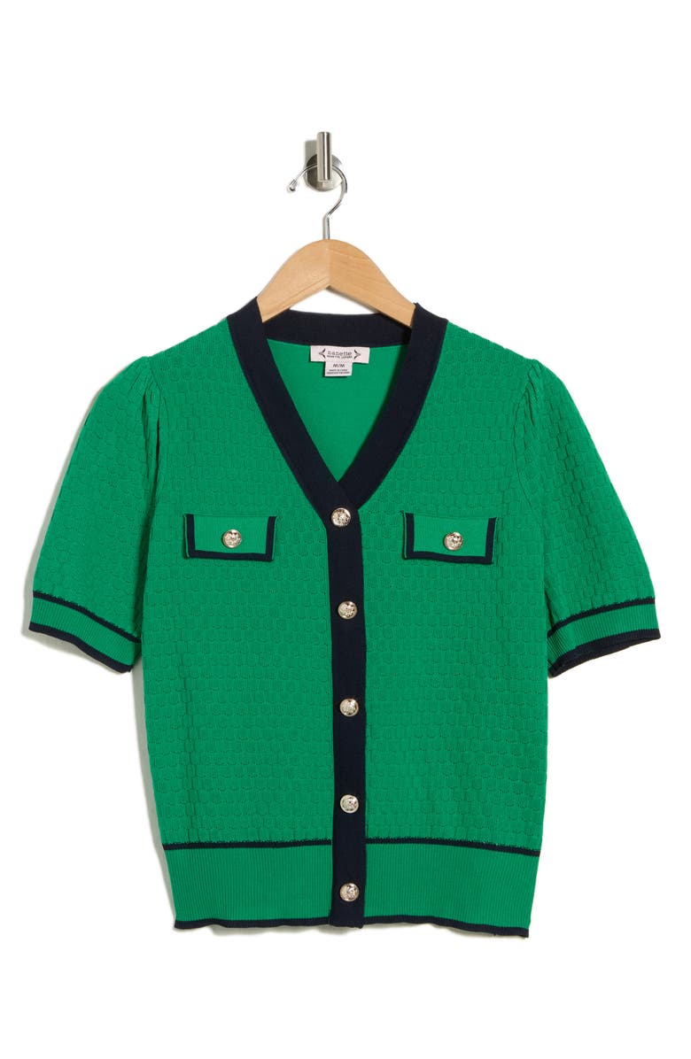 Nanette Lepore Preppy Pointelle Short Sleeve Sweater, Main, color, Green/ Navy