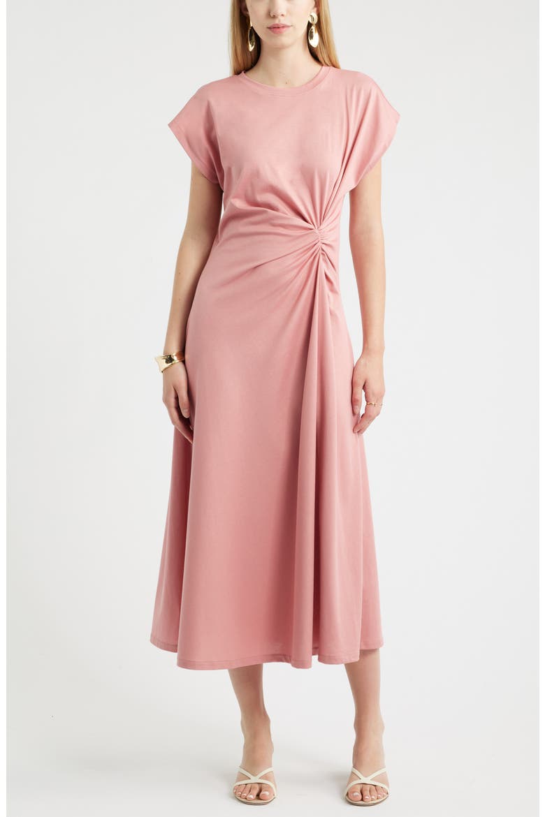 Crew Neck Side Twist Midi T-Shirt Dress, Main, color, PINK COMPACT