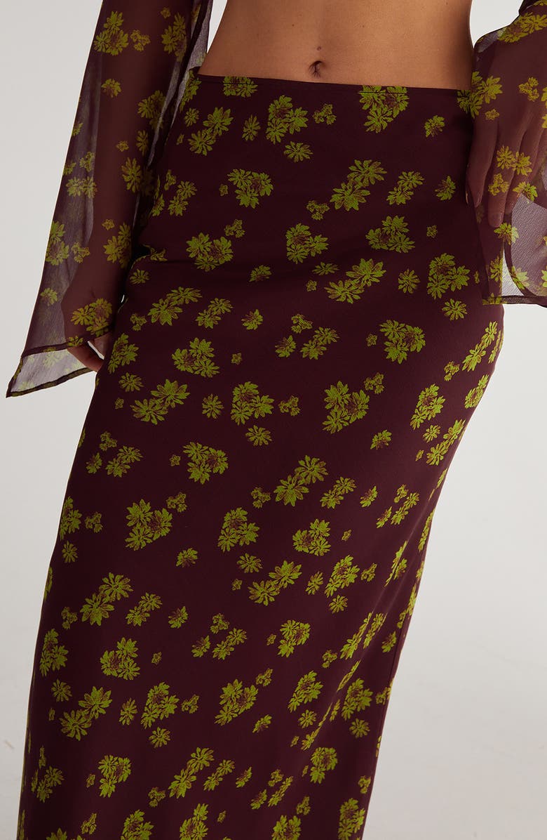 NASTY GAL Ditsy Floral Bias Cut Crinkle Chiffon Maxi Skirt, Alternate, color, Chocolate