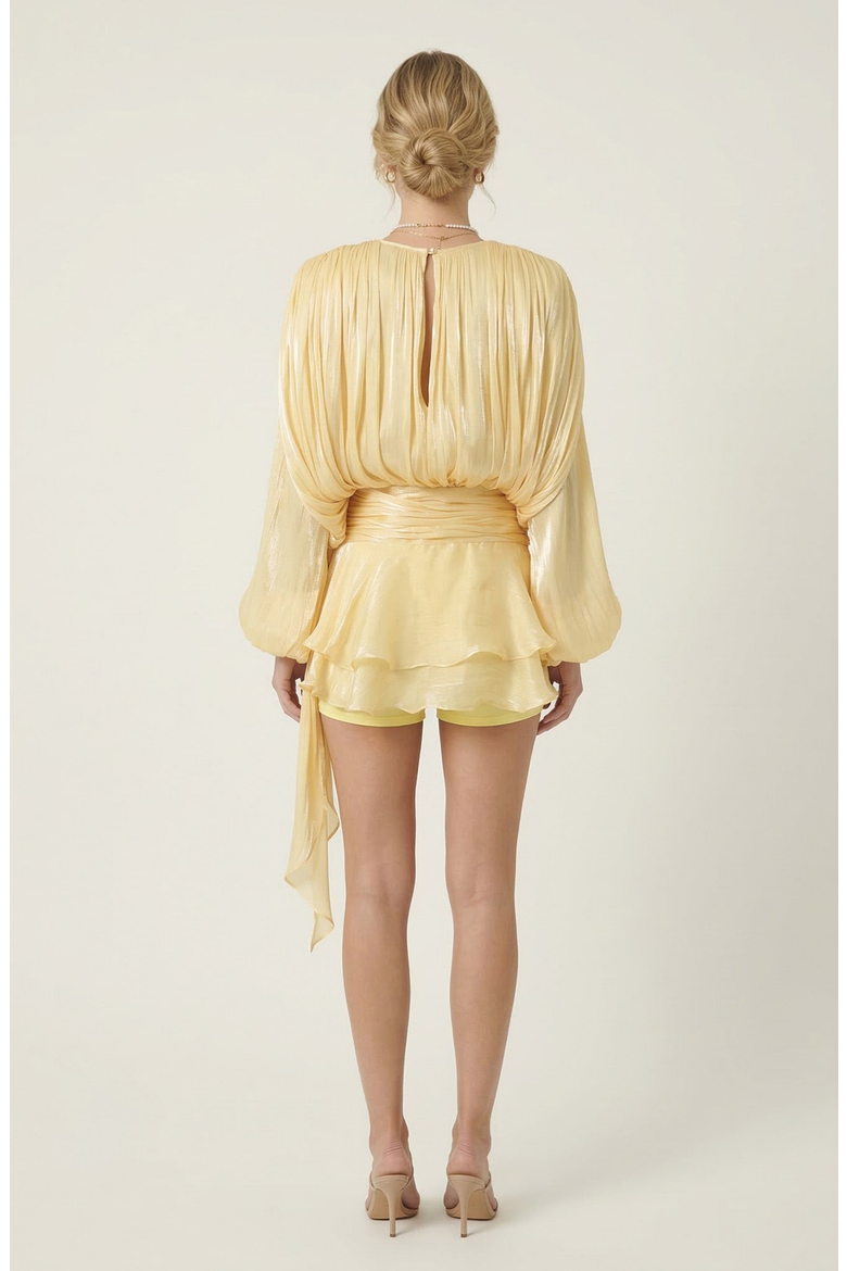 Pleated Long Sleeve Mini Dress with Tie Waist and Keyhole Neck, Alternate, color, Pale Yellow
