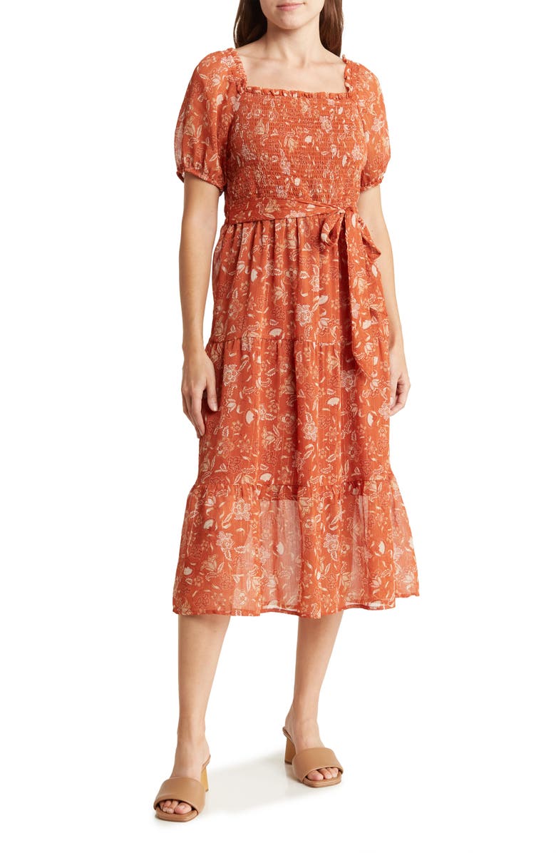 Lucky Brand Smocked Tiered Midi Dress, Main, color, 