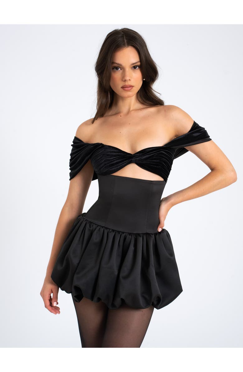 Miss Circle Gabby Velvet Top Bubble Hem Mini Dress, Main, color, Black