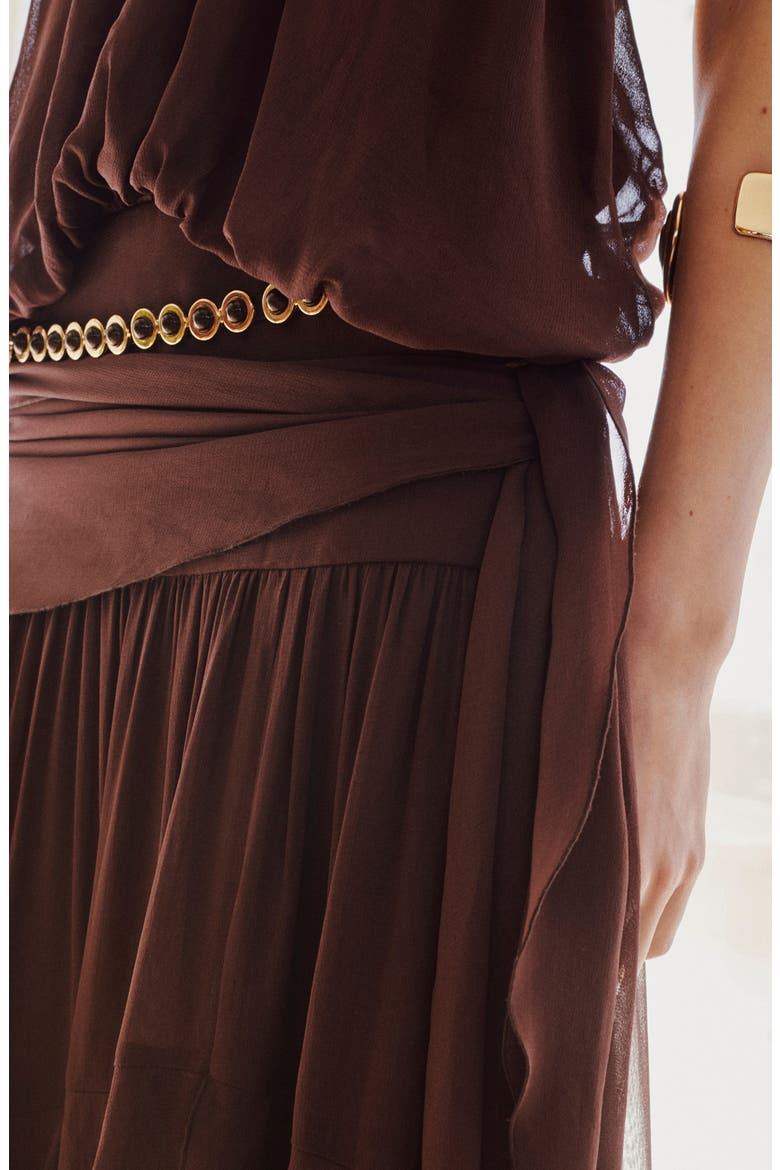 Ruffled High Neck Dress, Alternate, color, BROWN