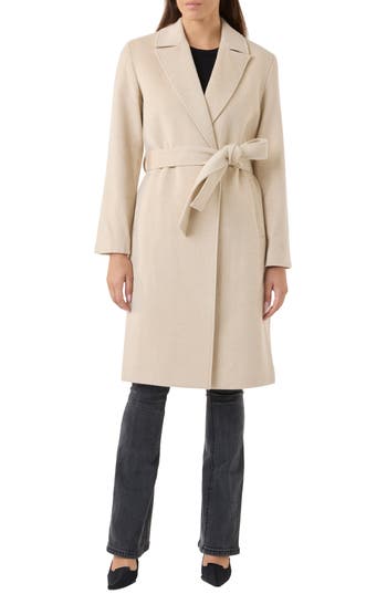 Sofia Cashmere Belted Notch Collar Wool Coat In Oatmeal