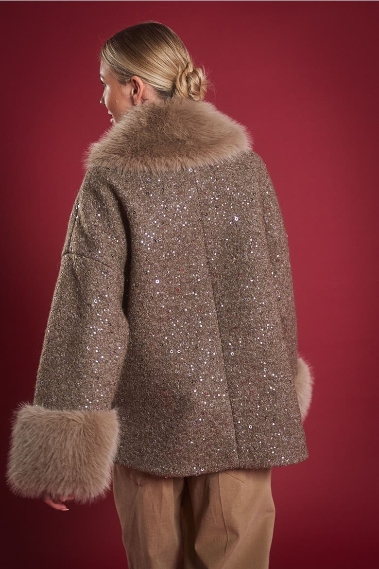 Sequined Coat With Fake Fur, Alternate, color, Bordeaux / Wine