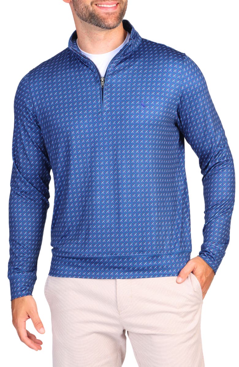 TailorByrd Navy Geometric Print Quarter Zip Performance Polo, Main, color, 