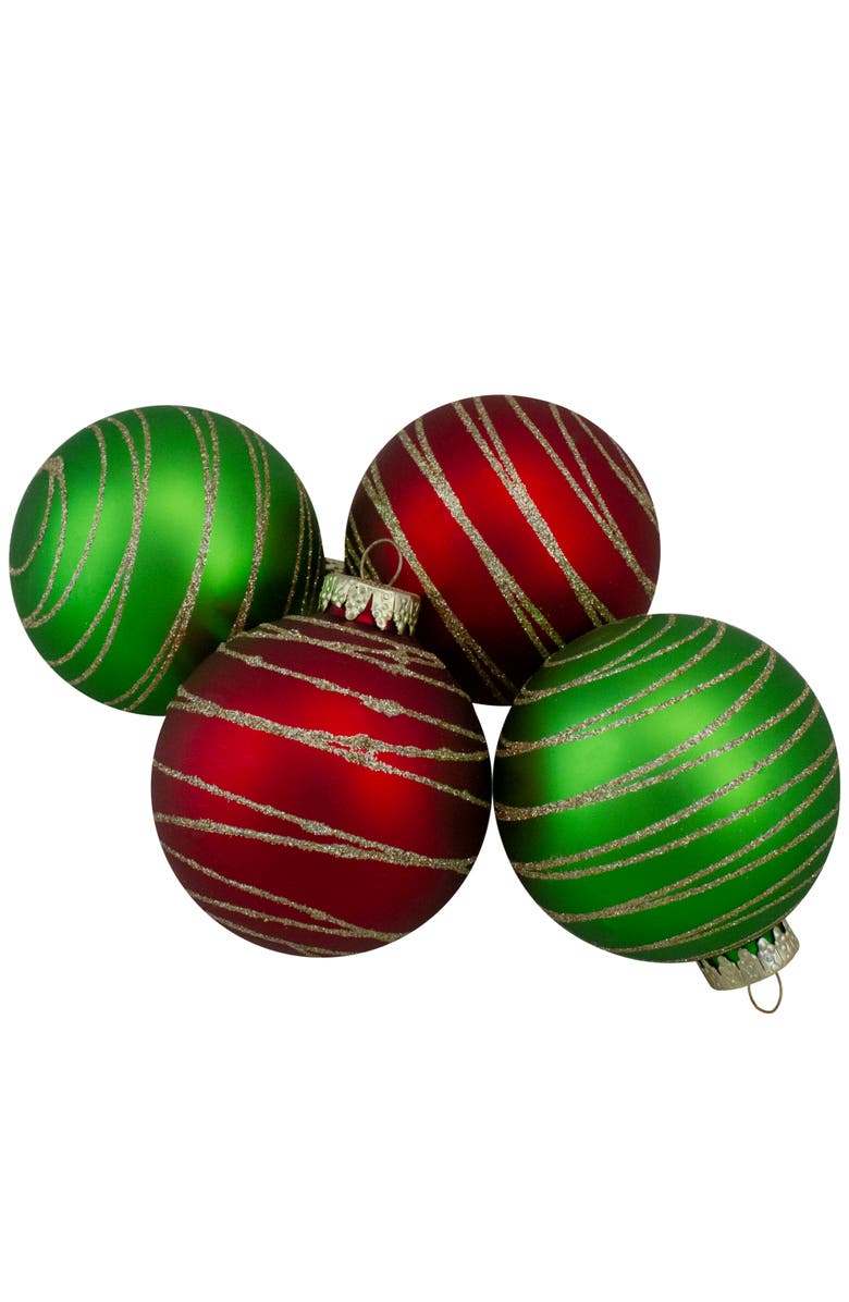 Northlight Glittered Golden Stripes Christmas Glass Ball Ornaments - 3" (75mm) - Red and Green - 4ct, Main, color, Red