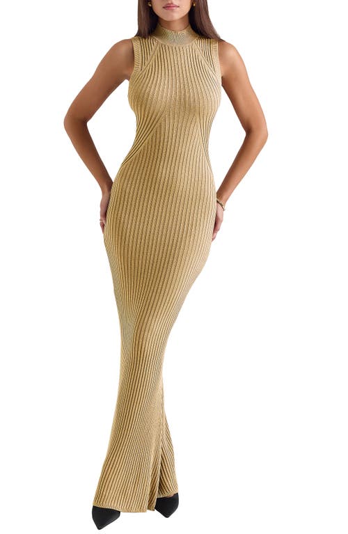 House Of Cb Emmie Metallic Rib Mock Neck Maxi Dress In Gold