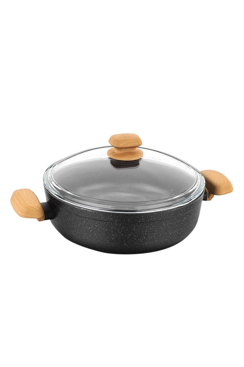 Montana 2 Piece 4 Liter Aluminum Nonstick Low Casserole Dish with Lid and Faux Wood Handles, Main, color, Black