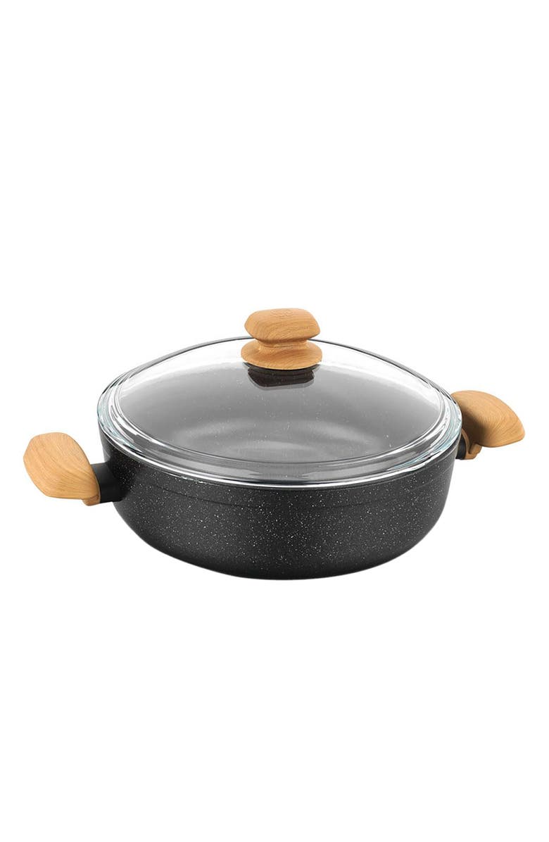 Korkmaz Montana 2 Piece 4 Liter Aluminum Nonstick Low Casserole Dish with Lid and Faux Wood Handles, Main, color, Black
