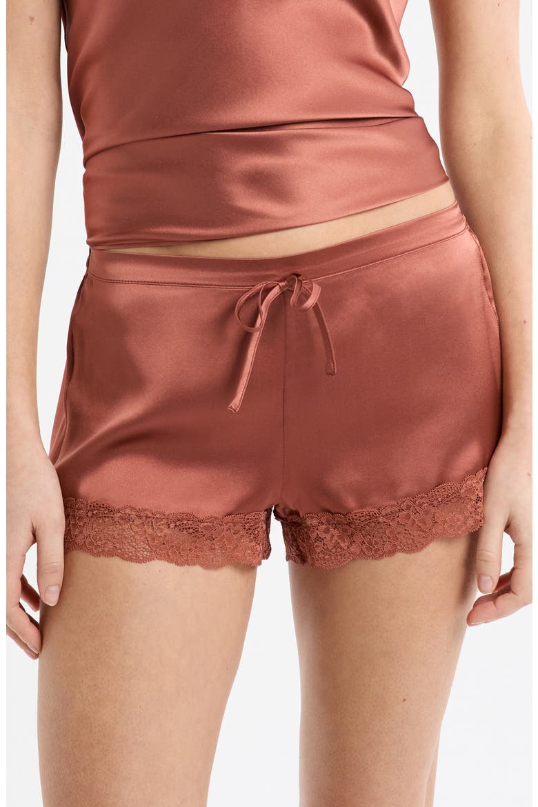 Milky Lace Trim Washable Silk Satin Pajama Shorts, Main, color, DUNE