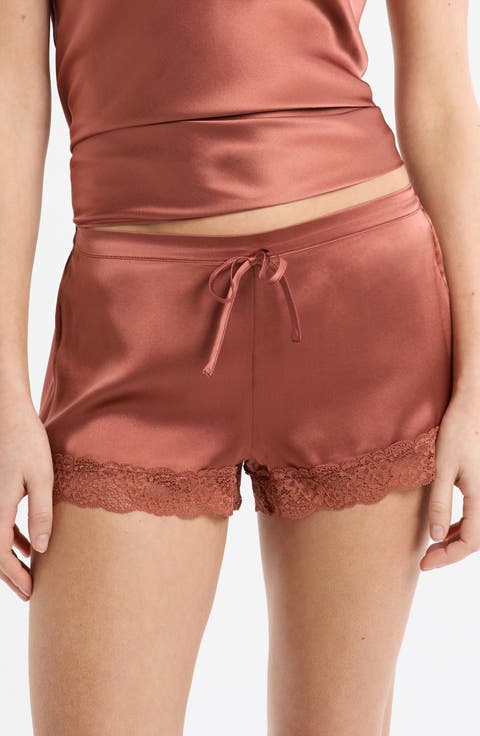Milky Lace Trim Washable Silk Satin Pajama Shorts