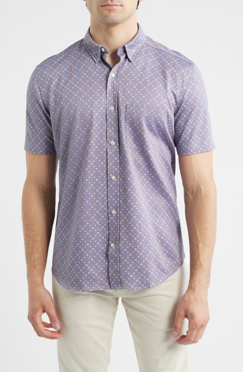 Johnston & Murphy XC Flex Ascend Short Sleeve Button-Up Shirt, Main, color, Burgundy Diamond Grid