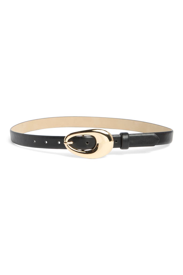 Sculptural Oval Buckle Faux Leather Belt, Main, color, BLACK GOLD
