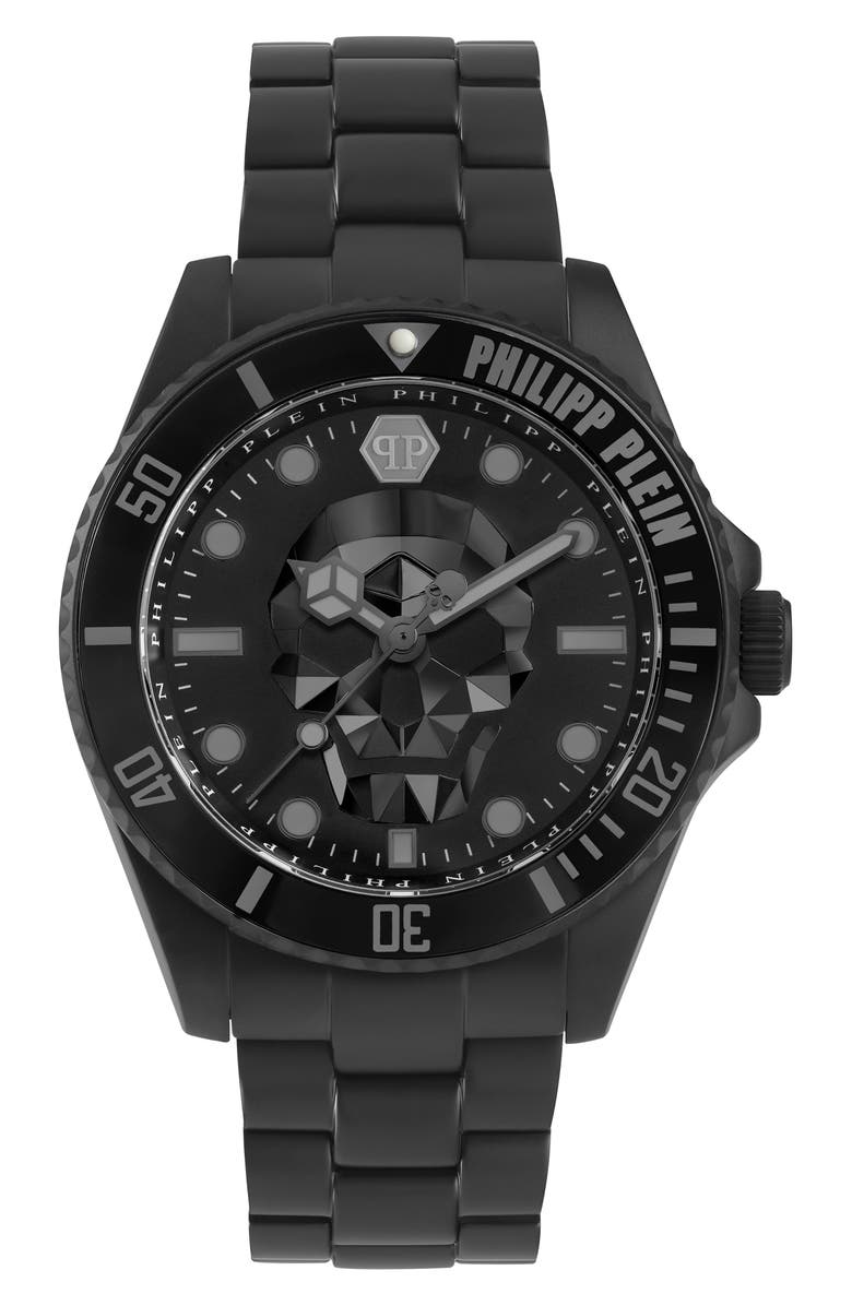 PHILIPP PLEIN The $kull Carbon Fiber Dial Bracelet Watch, 44mm, Main, color, Black