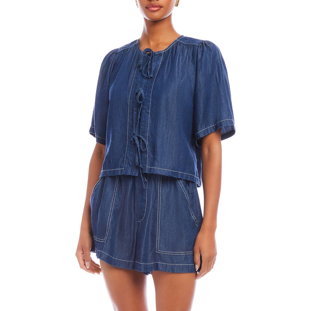 Fifteen Twenty Nadine Tie Front Cropped Top In Indigo Lightweight Denim In Indigo
